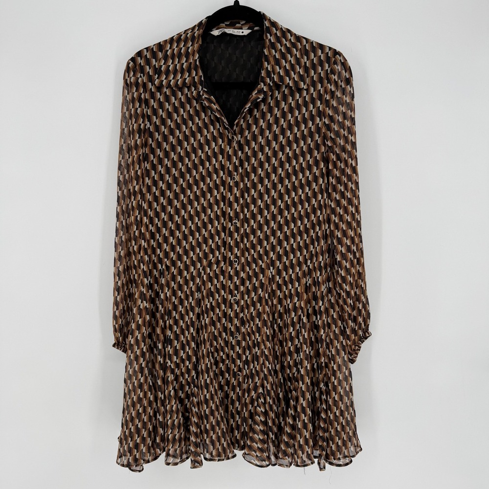 ZARA BROWN GEO PRINT GOLD LUREX‎ MINI SHIRT DRESS RETRO SMALL -- FLAWED